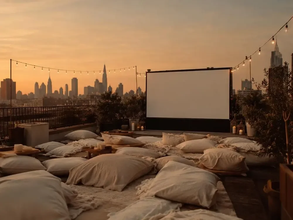 天台上的放映夜实景图，位于成都的天台放映